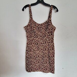DECO Brown Cream Tan Floral Sleeveless Tank Mini Sun Summer Sheath Dress Small